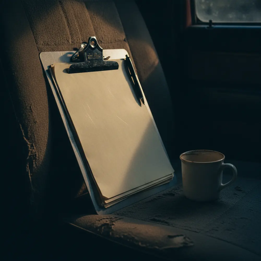 A clipboard of paperwork on the seat of a truck cab at first light